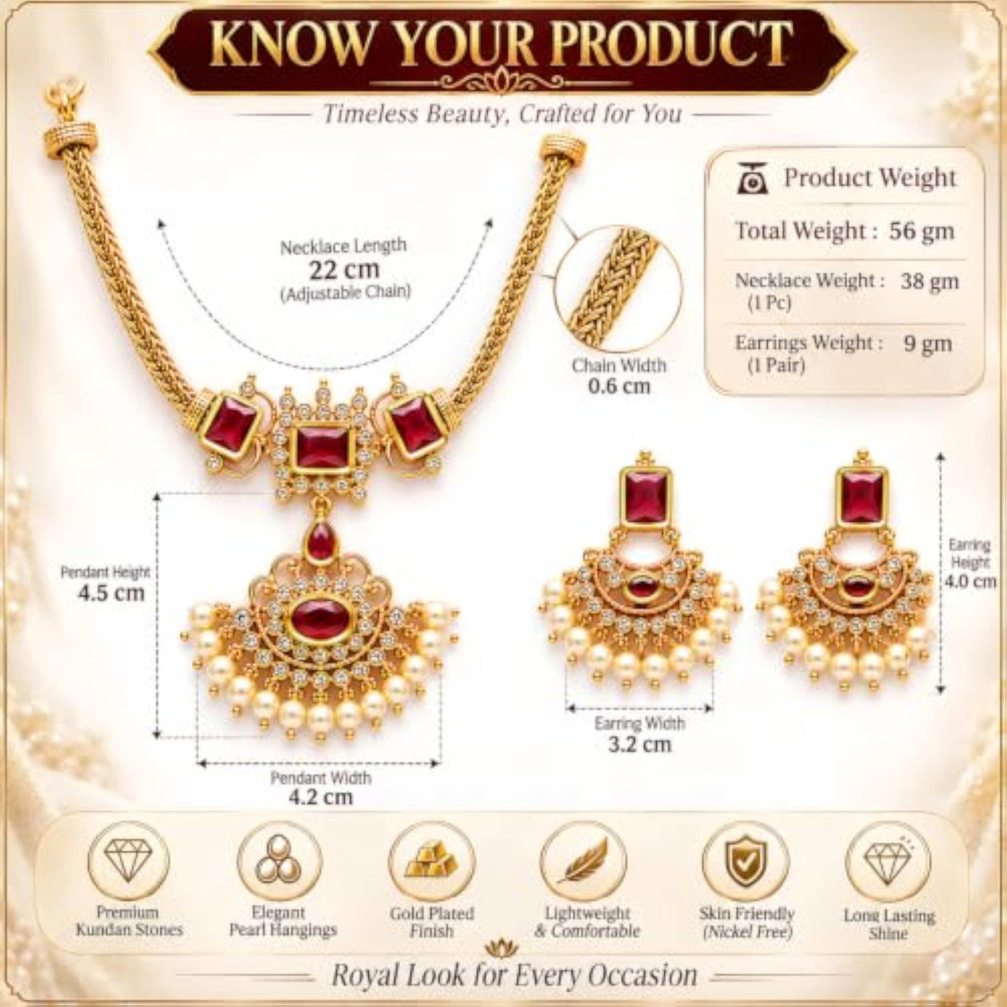 AD Geometric Chandbali Pearl Drop Necklace Set, Gift for Her